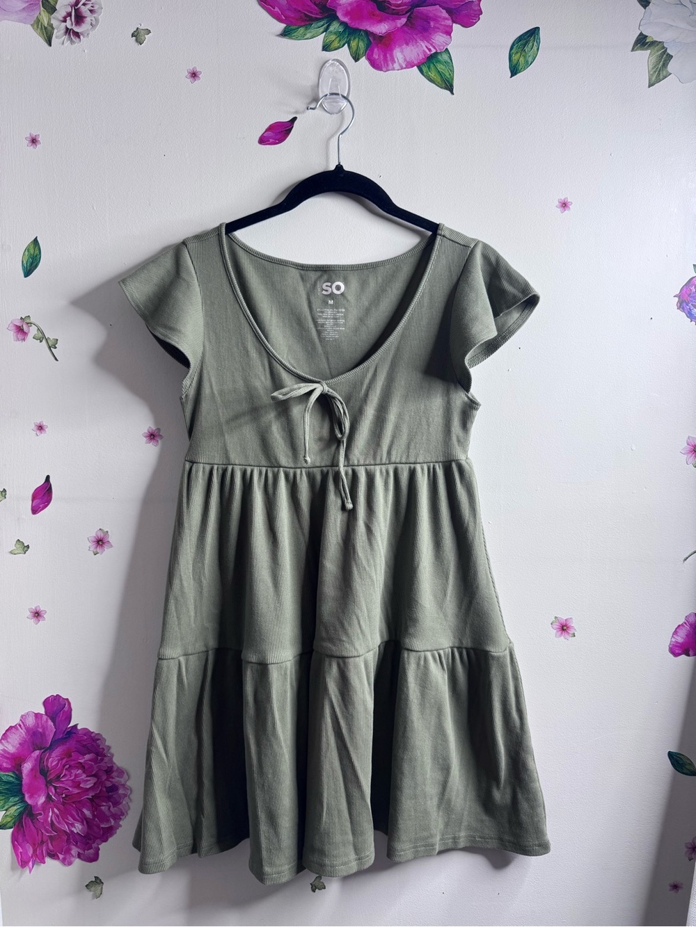 SO Olive Green Tie-Front Tiered Casual Dress